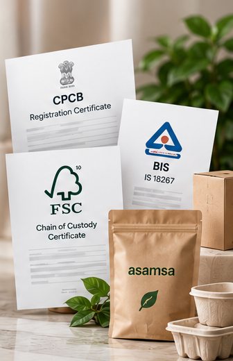 CPCB, BIS and FSC certificates beside an asamsa kraft pouch