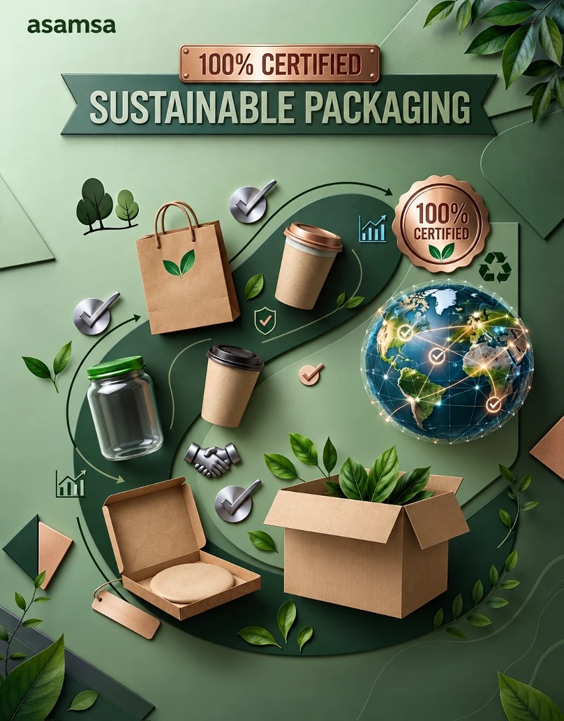 Illustration of 100% certified sustainable packaging — verified suppliers, compostable materials, and end-to-end certification.