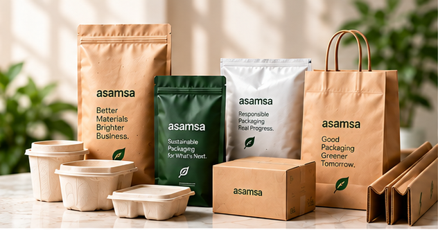 Asamsa sustainable packaging range: kraft pouches, paper bags, mailer boxes, moulded pulp containers and edge protectors