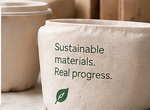 Compostable pulp cup printed with 'Sustainable materials. Real progress.'